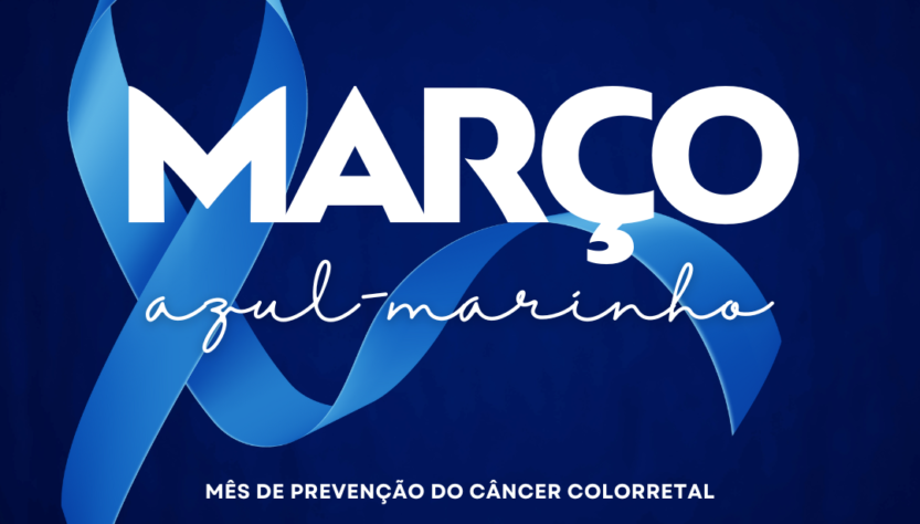 Imagem ilustrativa da campanha Março Azul-Marinho: laço azul com o texto ‘Mês de prevenção do câncer colorretal’