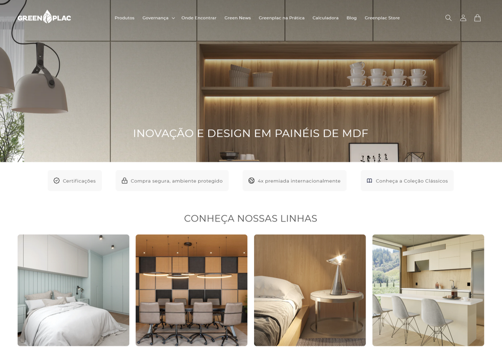 Interface do novo site da Greenplac, fabricante de MDFs, destacando o design contemporâneo e a navegação intuitiva, com produtos exclusivos em exibição.