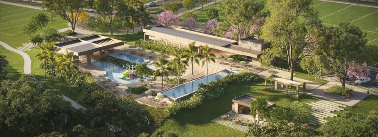 Vista do condomínio Abitte Champagne em Cuiabá, destacando suas áreas de lazer e localização estratégica na Avenida Antártica. Empreendimento da Incorporadora Abitte Urbanismo gerida pelo CEO Francisco Colnaghi Neto.