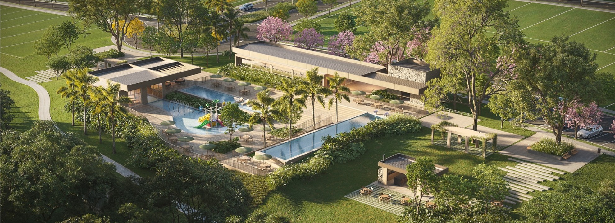 Vista do condomínio Abitte Champagne em Cuiabá, destacando suas áreas de lazer e localização estratégica na Avenida Antártica. Empreendimento da Incorporadora Abitte Urbanismo gerida pelo CEO Francisco Colnaghi Neto.