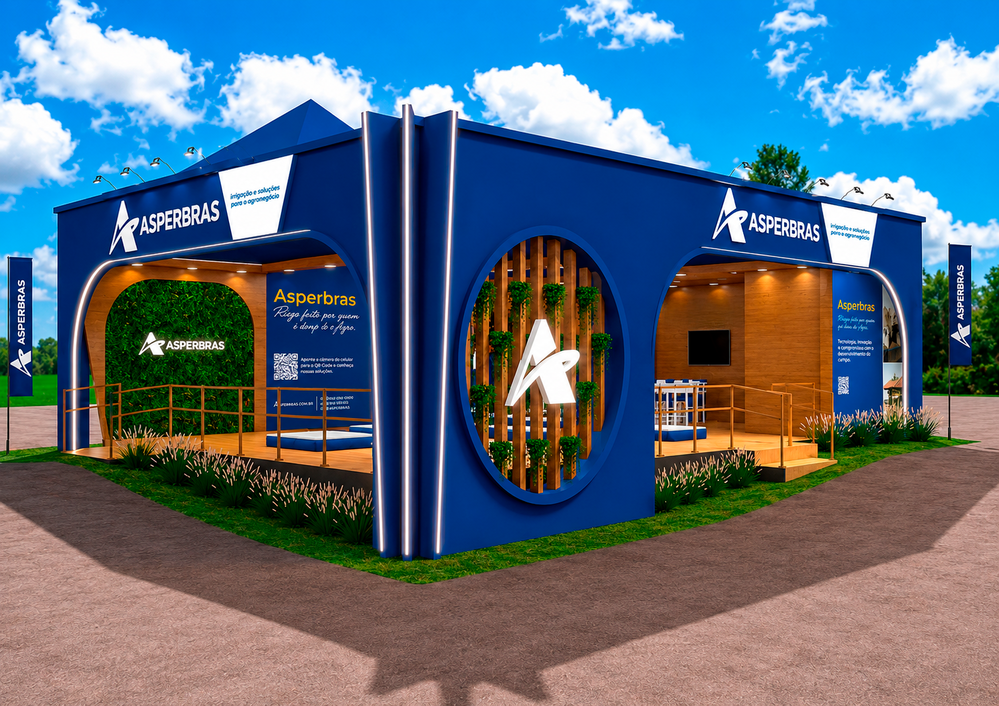 Stand da Asperbras medindo 140 m² na Bahia Farm Show, destacando produtos em PVC e PEAD.